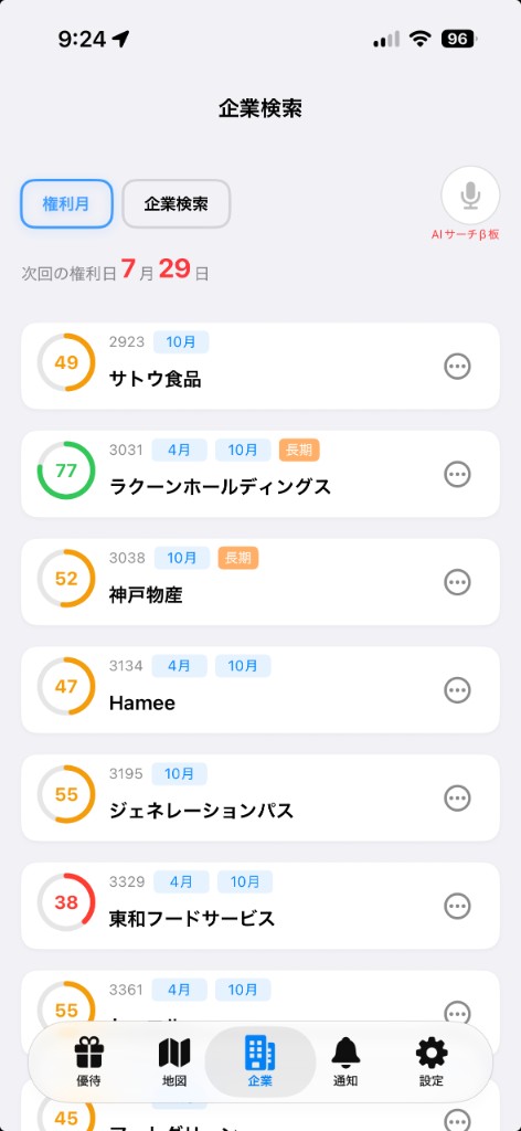 企業スコア一覧のスクリーンショット