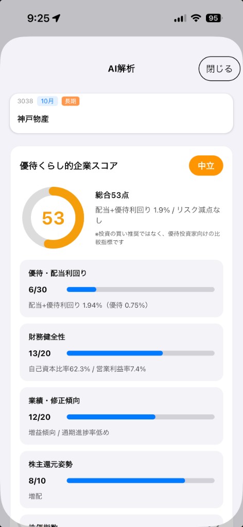 AI解析・優待くらし的企業スコアのスクリーンショット