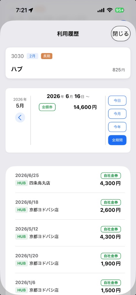 利用履歴のスクリーンショット